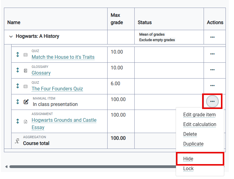 Hiding a grade item in the Gradebook setup area