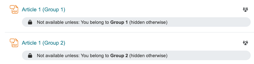 Screenshot of the "Article 1 (Group 1)" PDF Annotation activity being restricted to Group 1 students and the "Article 1 (Group 2)" PDF Annotation activity being restricted to Group 2 students.
