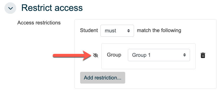 Screenshot of the eye icon crossed out when setting a restriction in Moodle