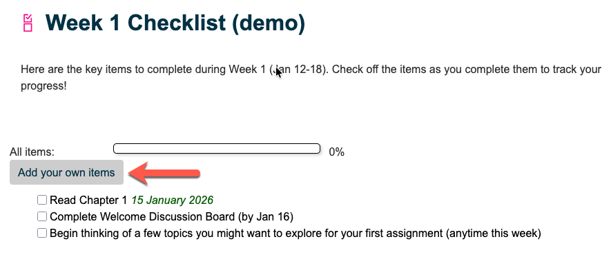 Screenshot of the "Add your own items" button in the Moodle checklist tool