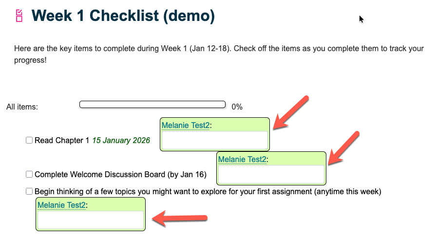 Screenshot of a textbox next to each checklist item where students can write personal notes to themselves