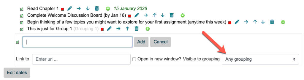 Screenshot of the "visible to grouping" setting that is available when creating a new checklist item