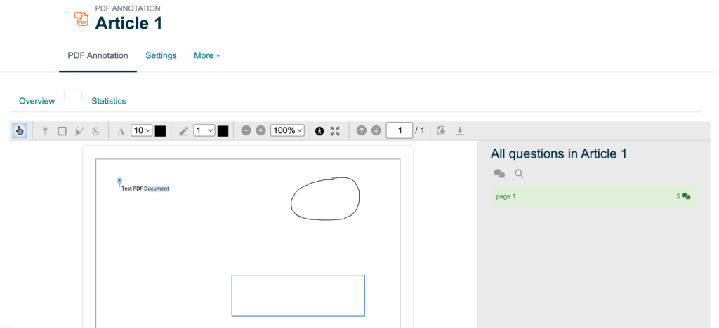 Screenshot of the PDF Annotation tool with a few annotations and comments in the PDF document