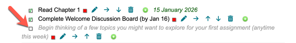Screenshot of grey, italicized text indicating a checklist item is optional in Moodle