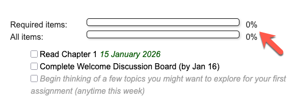 Screenshot of two progress bars in Moodle - one for required items and one for all items.